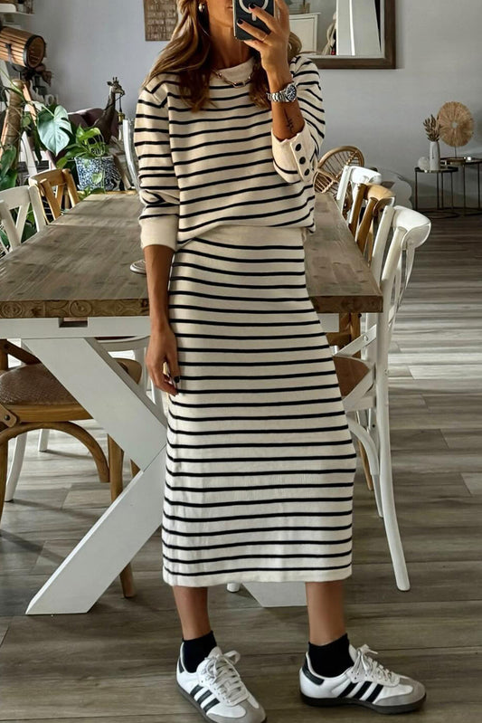 Black Stripe Long Sleeve Top & Midi Skirt 2pcs Outfit