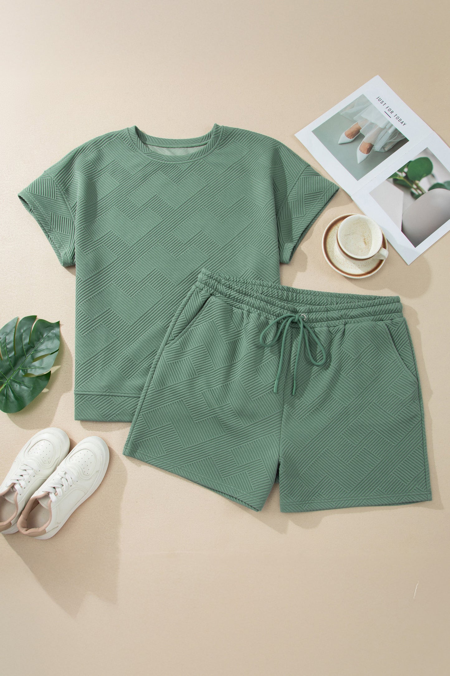 Mineral Blue Textured Shorts Set in Plus Size