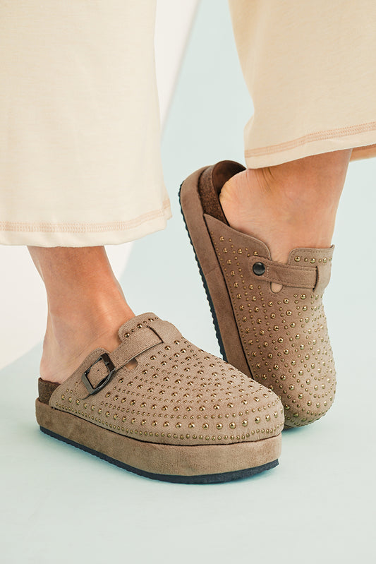 Studded Platform Clogs in Parchment
