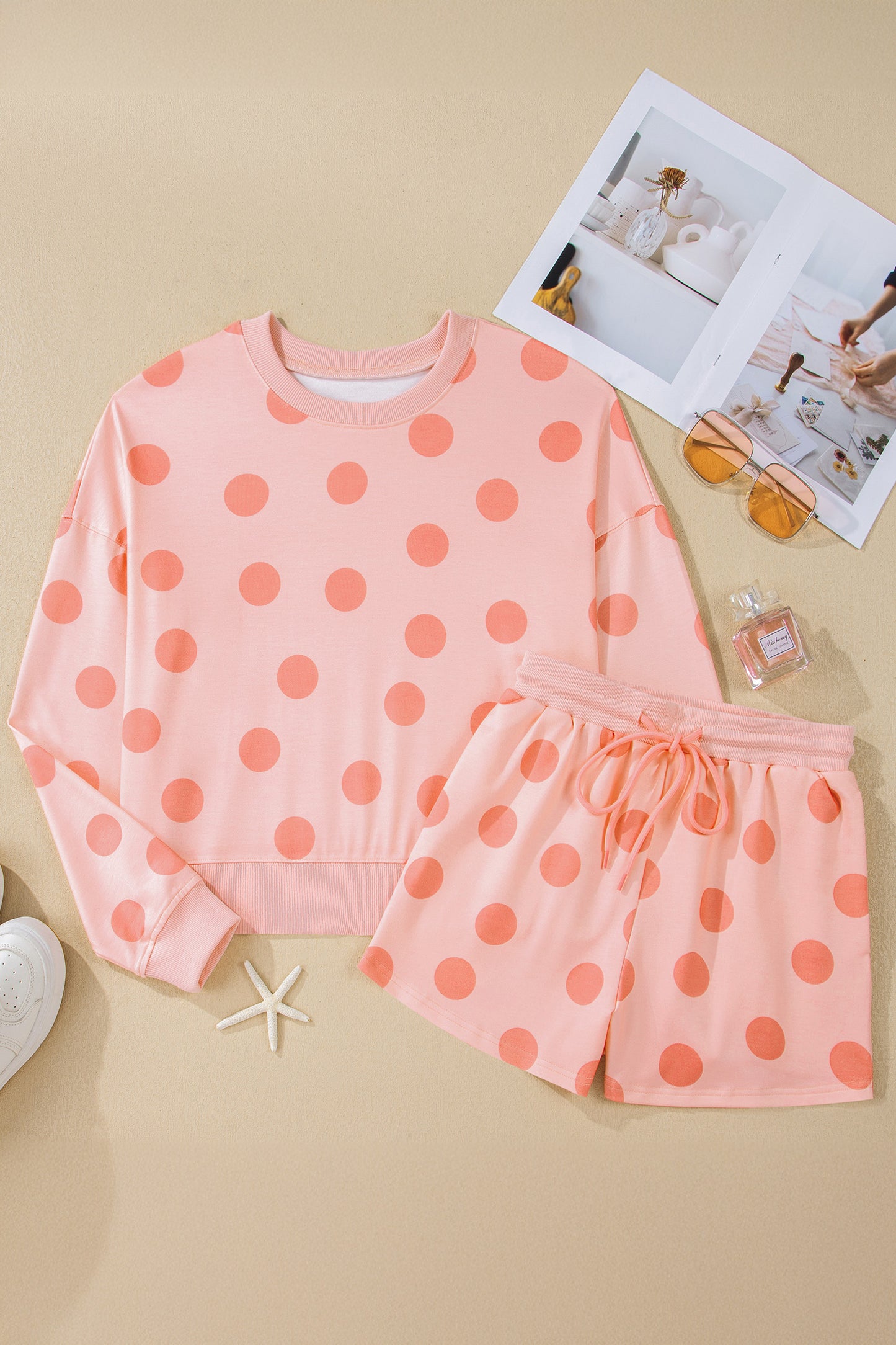 Polka Dot Print Pullover & Shorts Set