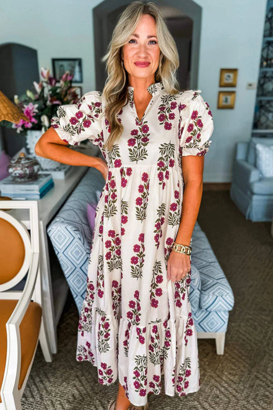 Floral Bubble Sleeve Maxi Dress