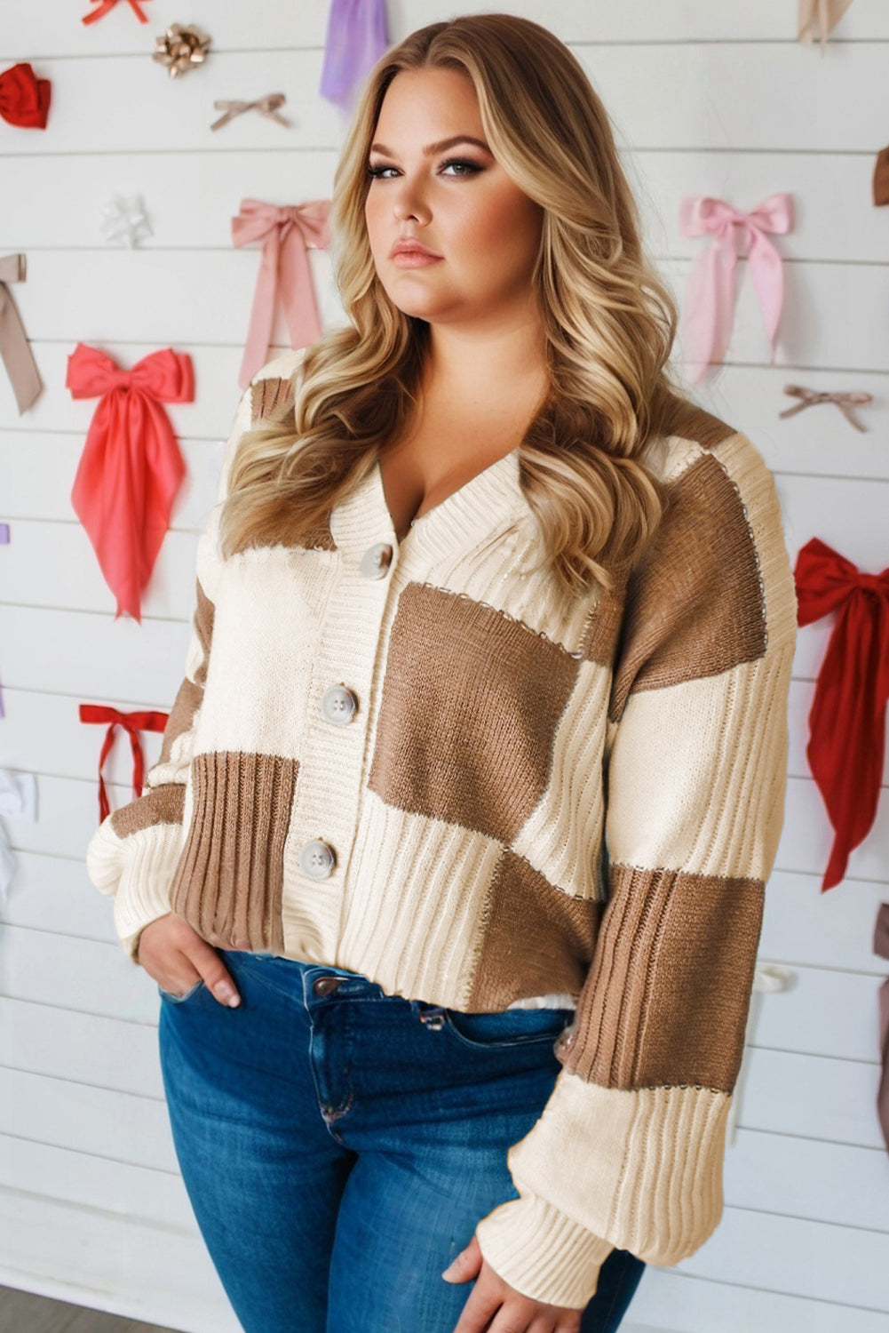 Khaki Checkered Plus Size Cardigan Sweater