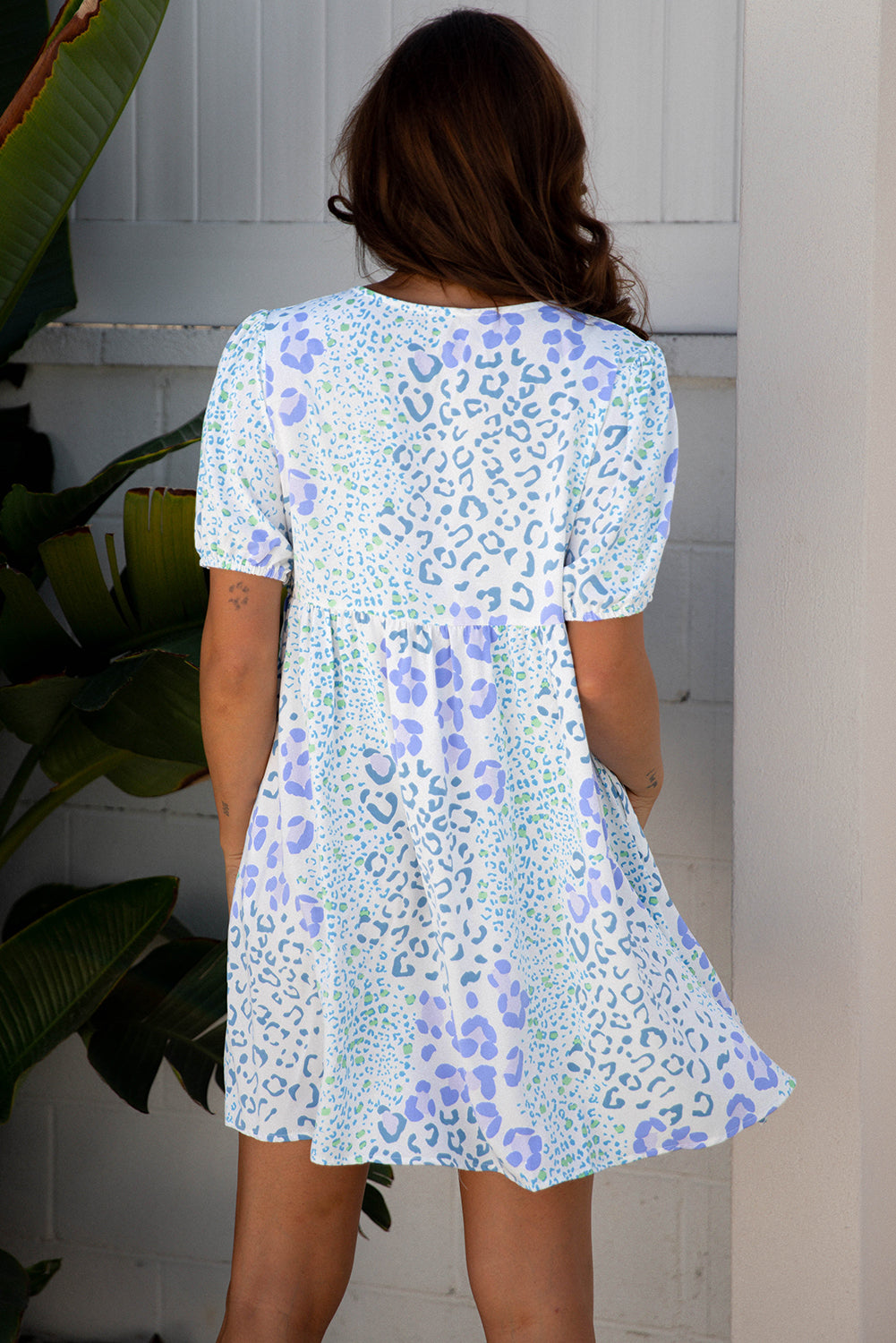 Sky Blue Puff Sleeve Mini Dress in Floral or Leopard