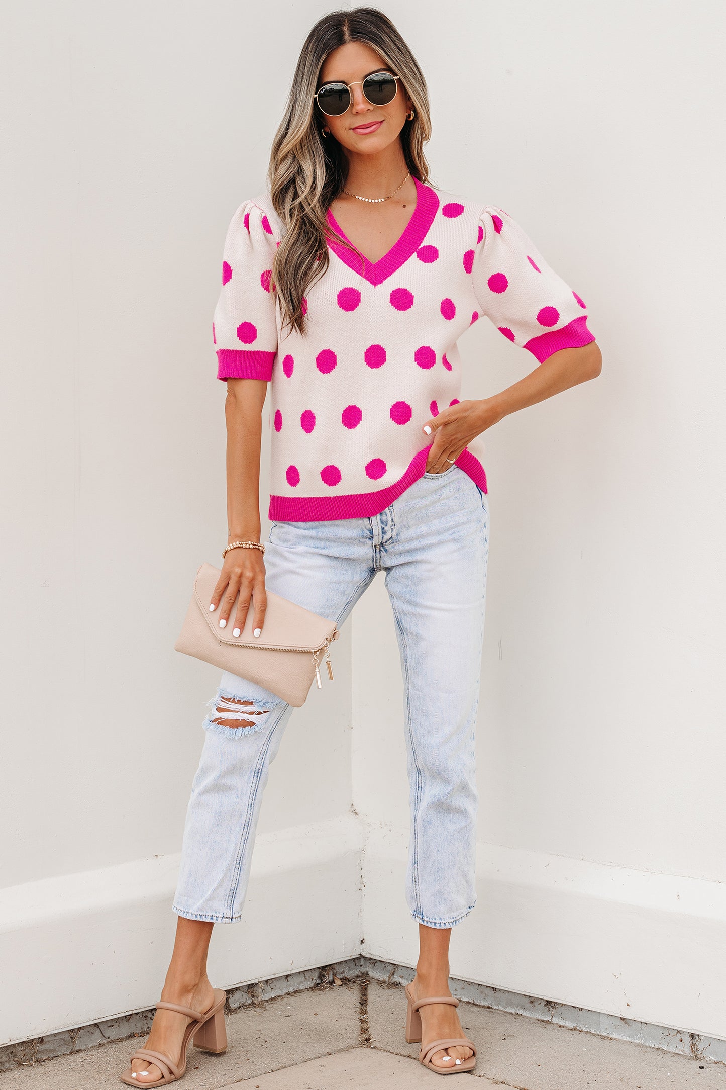 Polka Dot Puff Short Sleeve Sweater