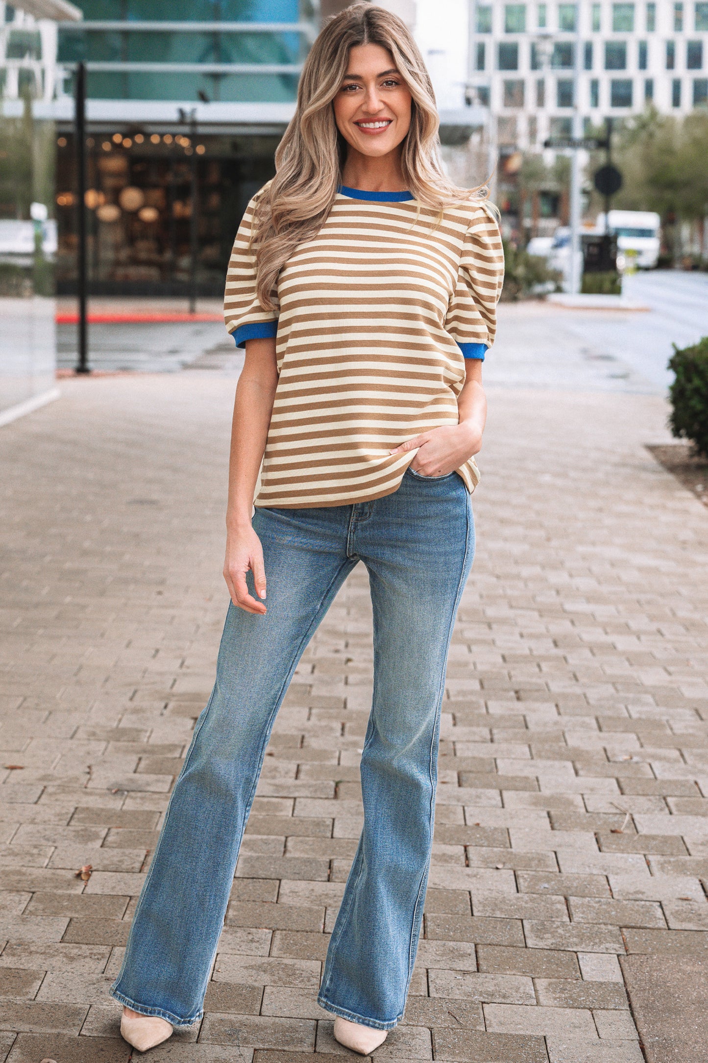 Striped Puff Sleeve Round Neck Tee