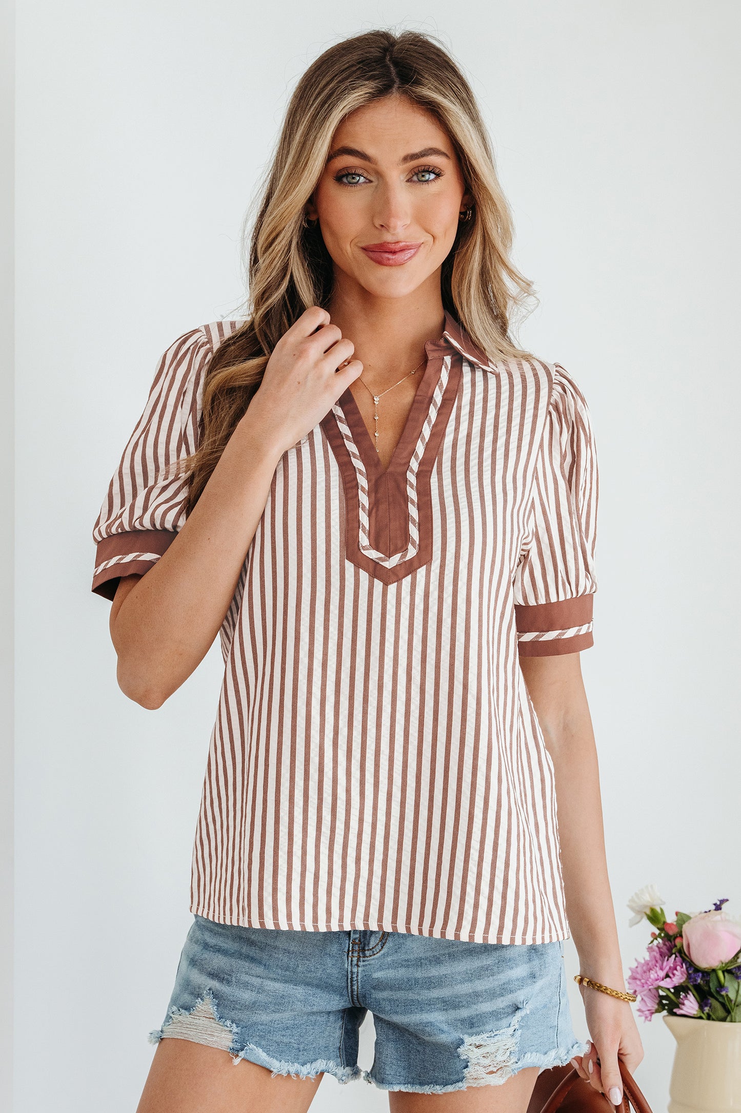 Khaki Striped Bubble Sleeve Blouse