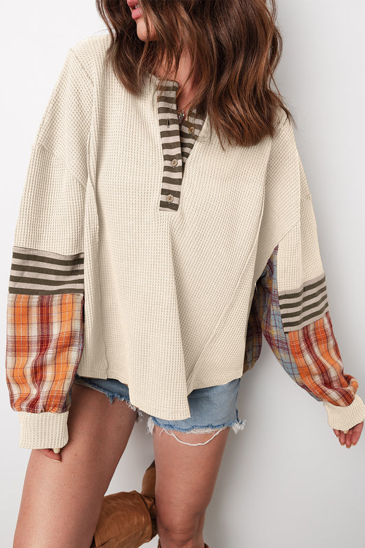 Plaid Patchwork Waffled Henley
