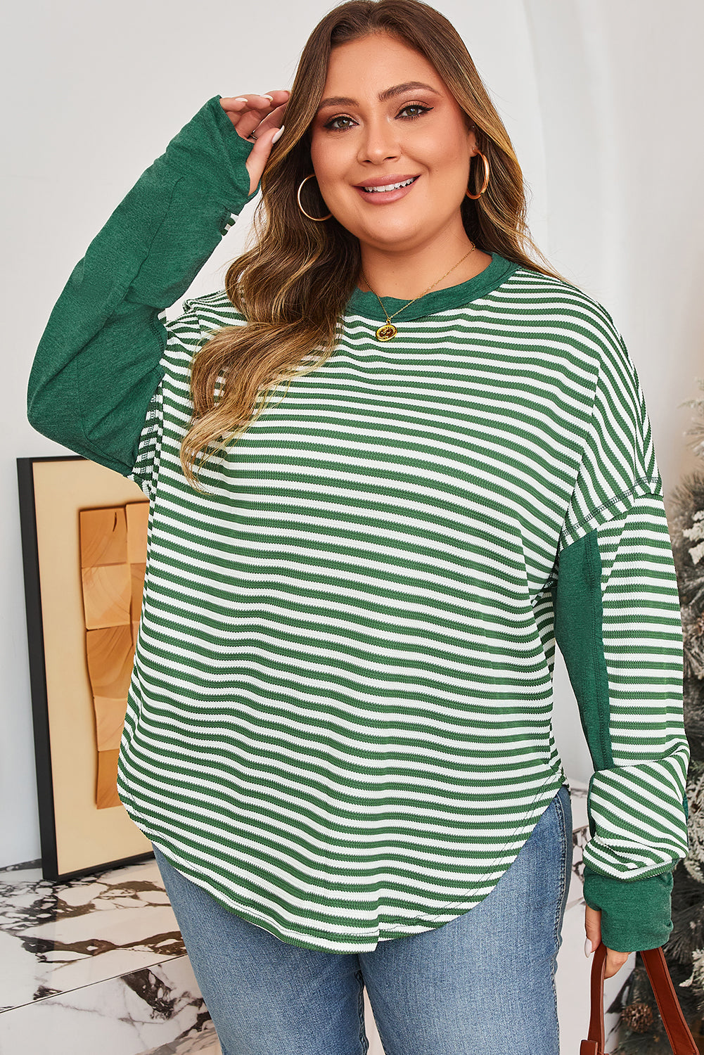 Green Striped Exposed Seam Plus Size Thermal Top