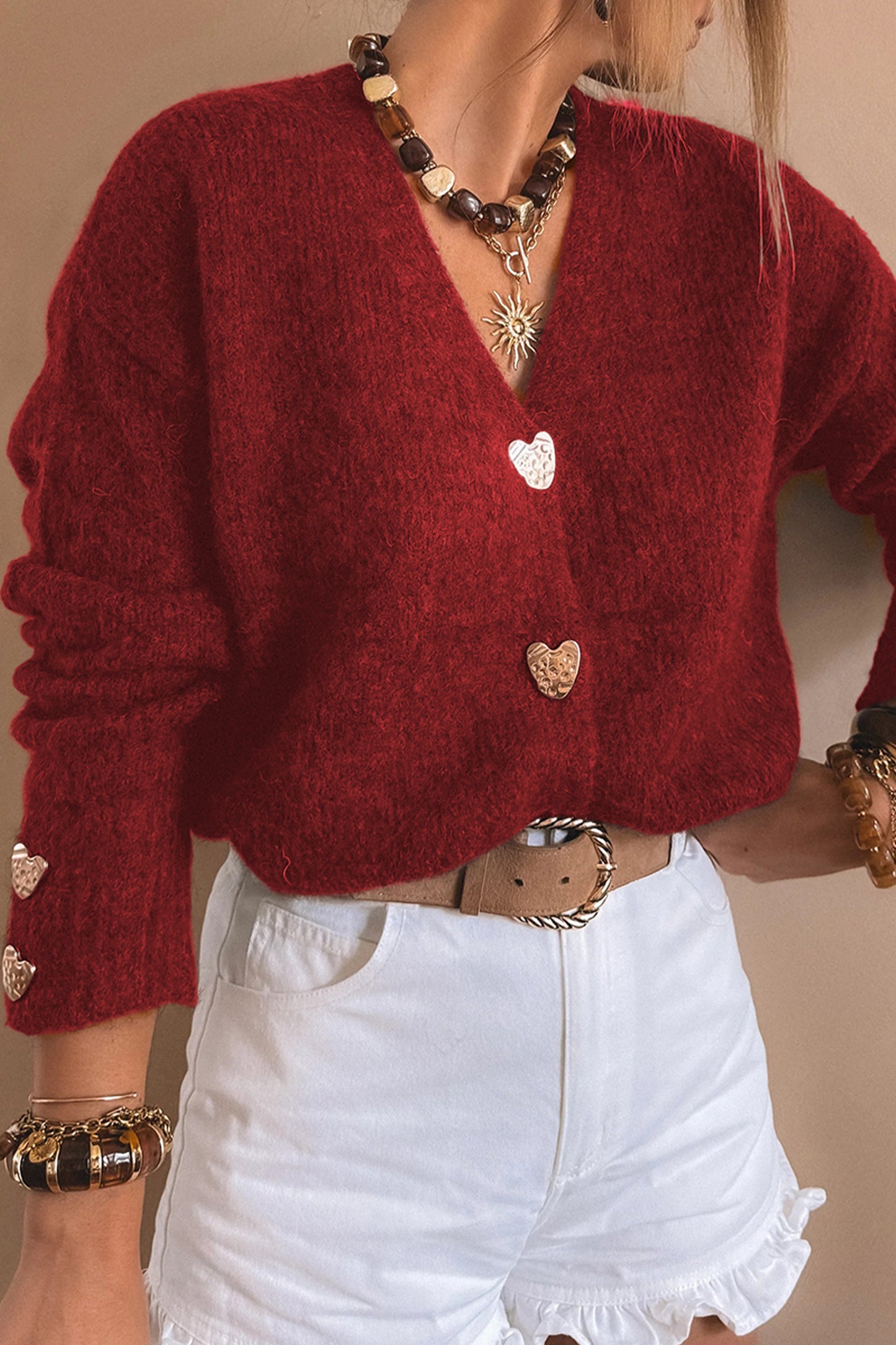 Fiery Red Heart Button Cardigan Sweater