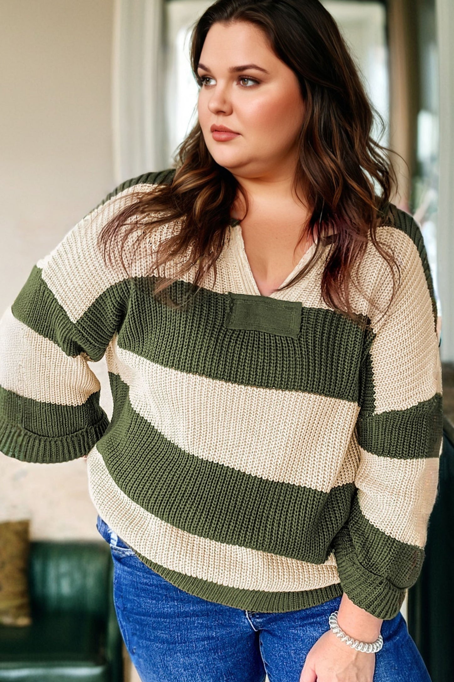 Green Stripe Colorblock Plus Size Sweater