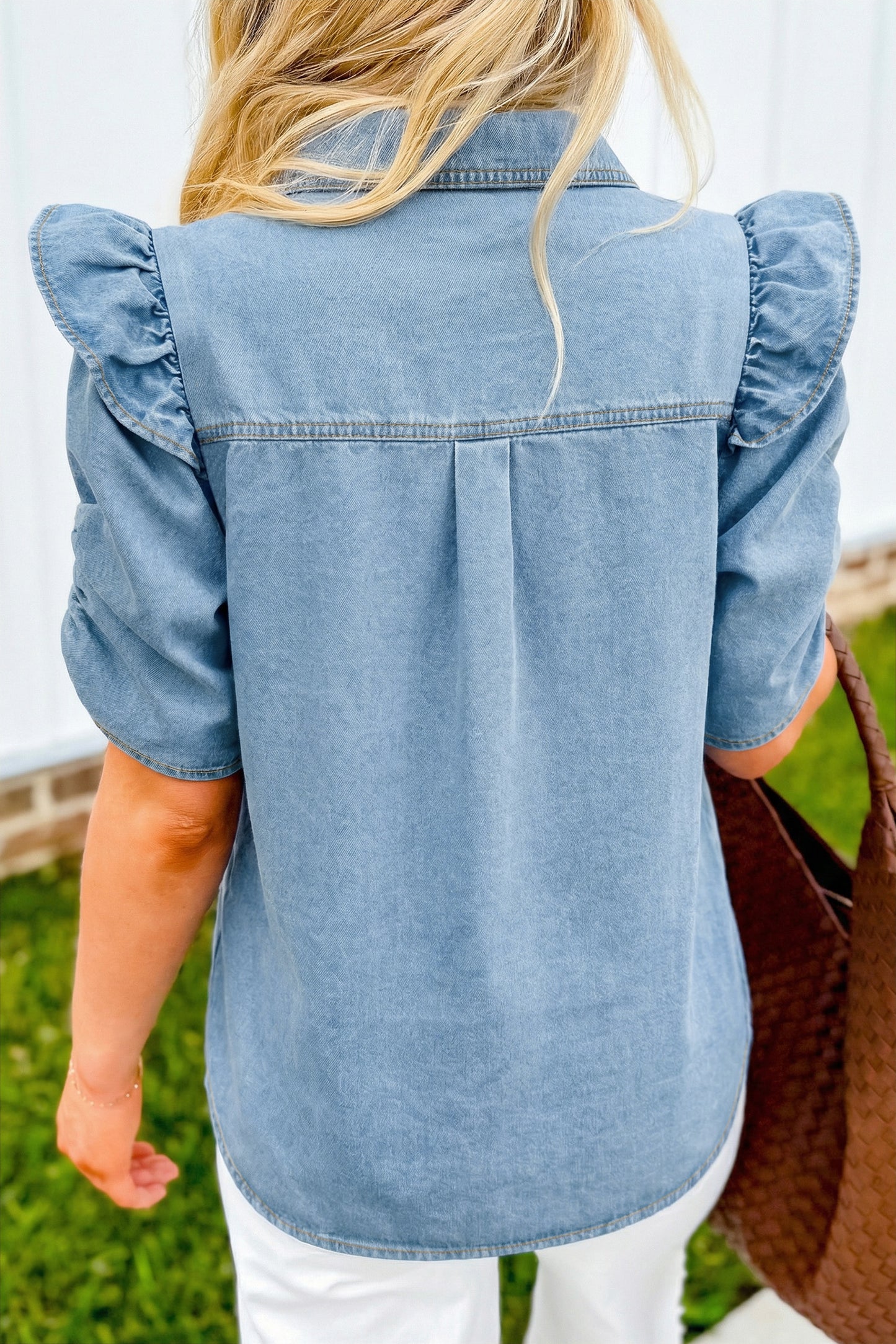 Denim Ruffled Puff Sleeve Shirt