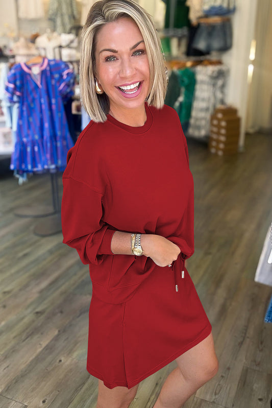 Racing Red Pullover & Drawstring Mini Skirt 2pc Set