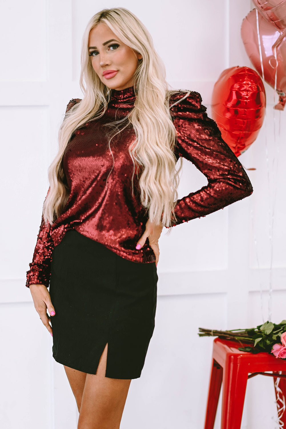 Burgundy Sequin Bubble Sleeve Top