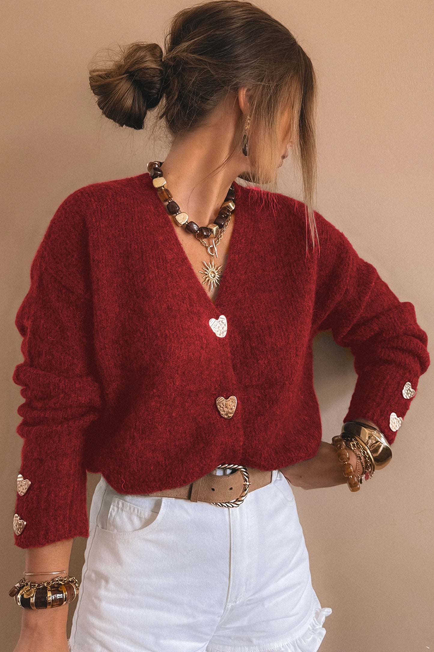 Fiery Red Heart Button Cardigan Sweater