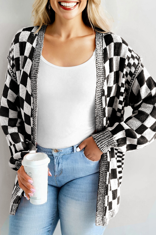 Black Checkered Bubble Sleeve Plus Size Cardigan