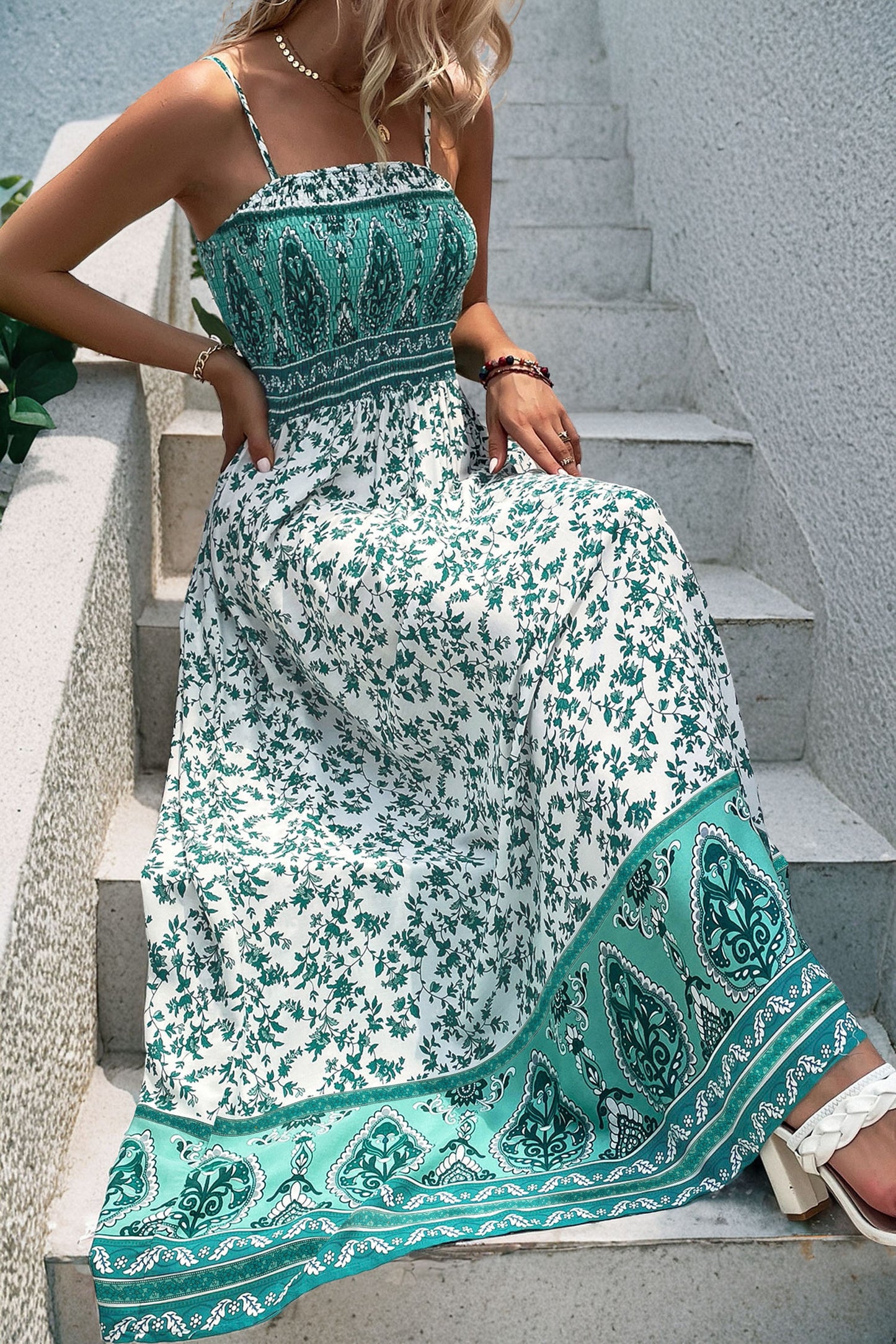 Green Floral Shirred Maxi Dress