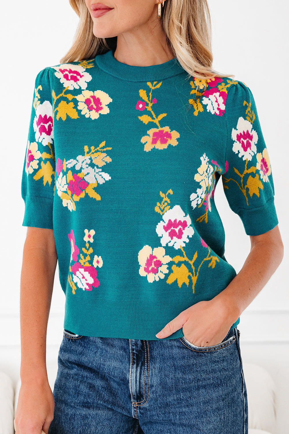 Blue Floral Knitted Top