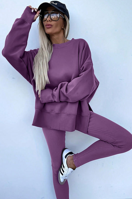 Orchid Mist Slit Sweatshirt & Ribbed Leggings 2pcs Set