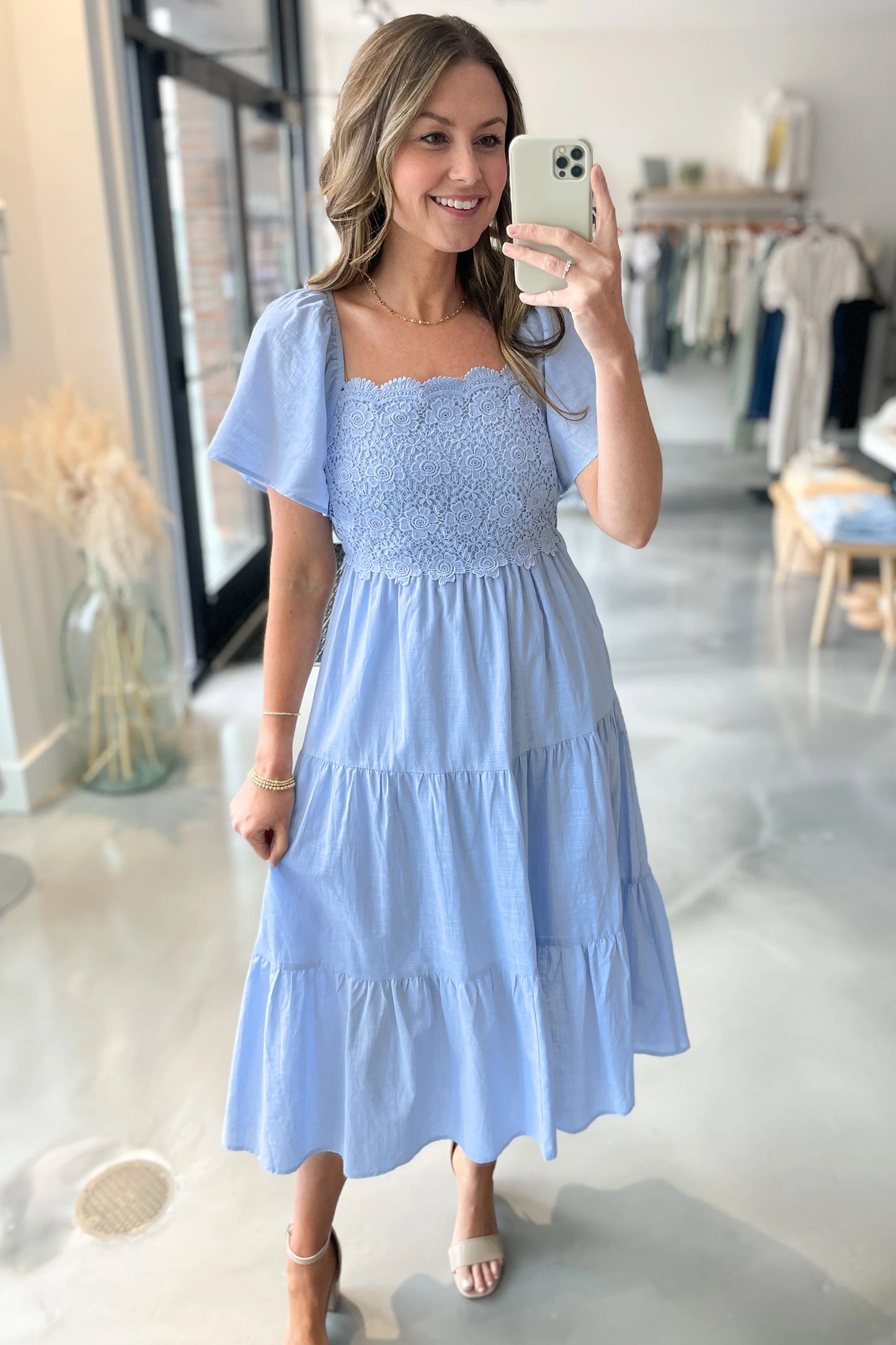 Beau Blue Flowy Tiered Midi Dress