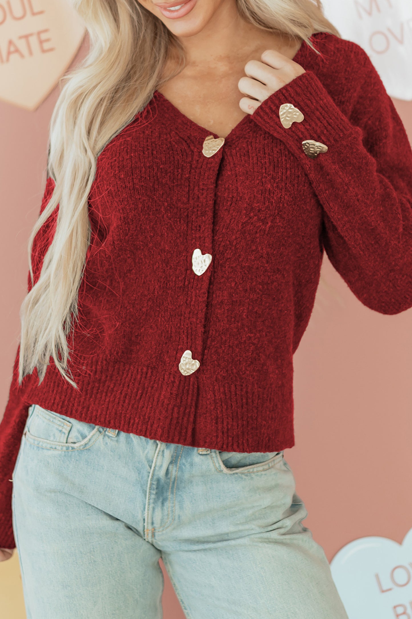 Fiery Red Heart Button Cardigan Sweater