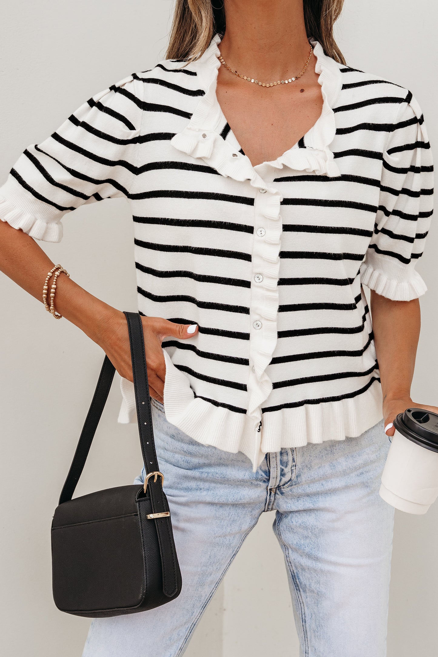 Beige Ruffle Trim Sweater Cardigan