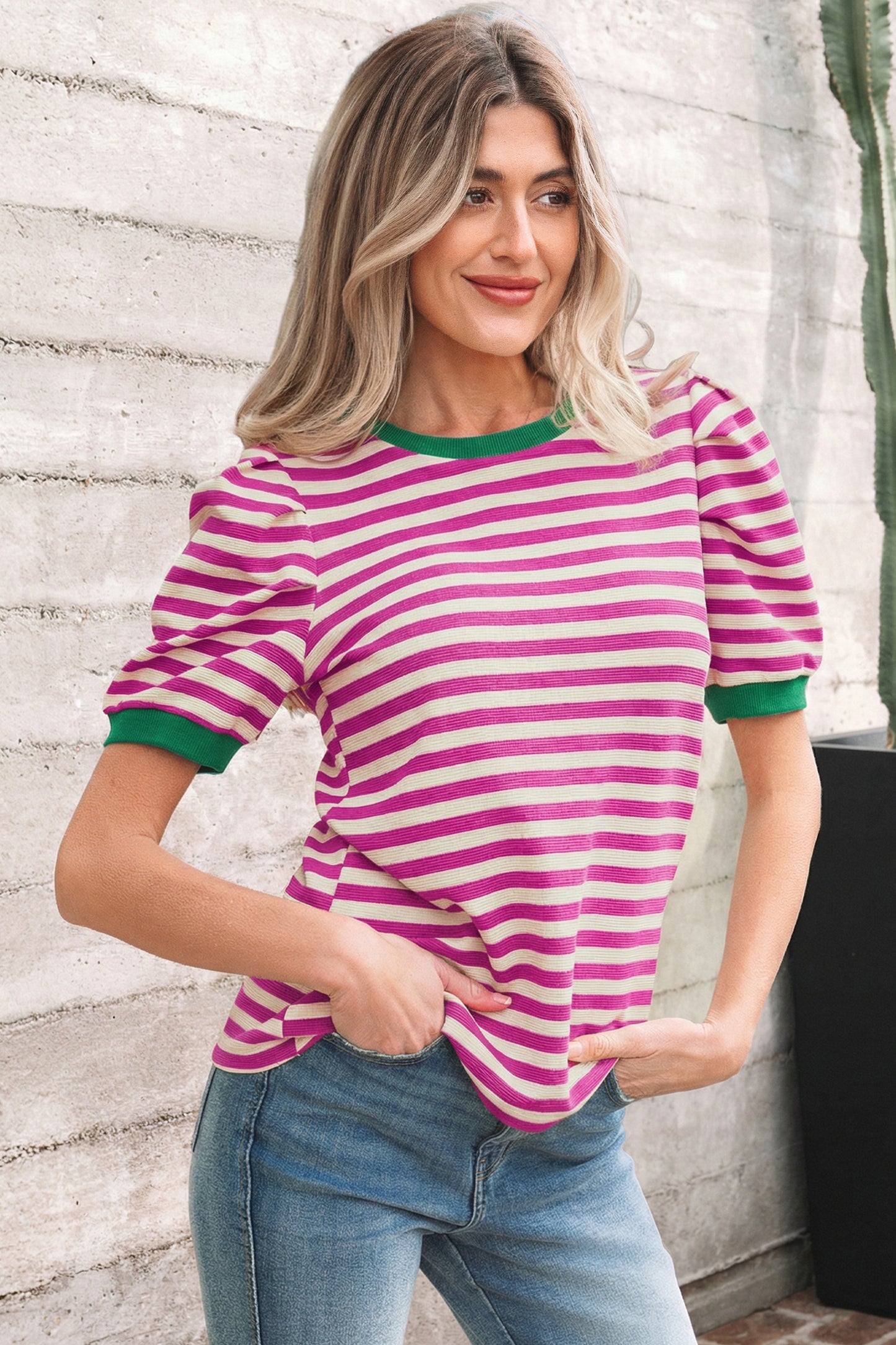 Striped Puff Sleeve Round Neck Tee
