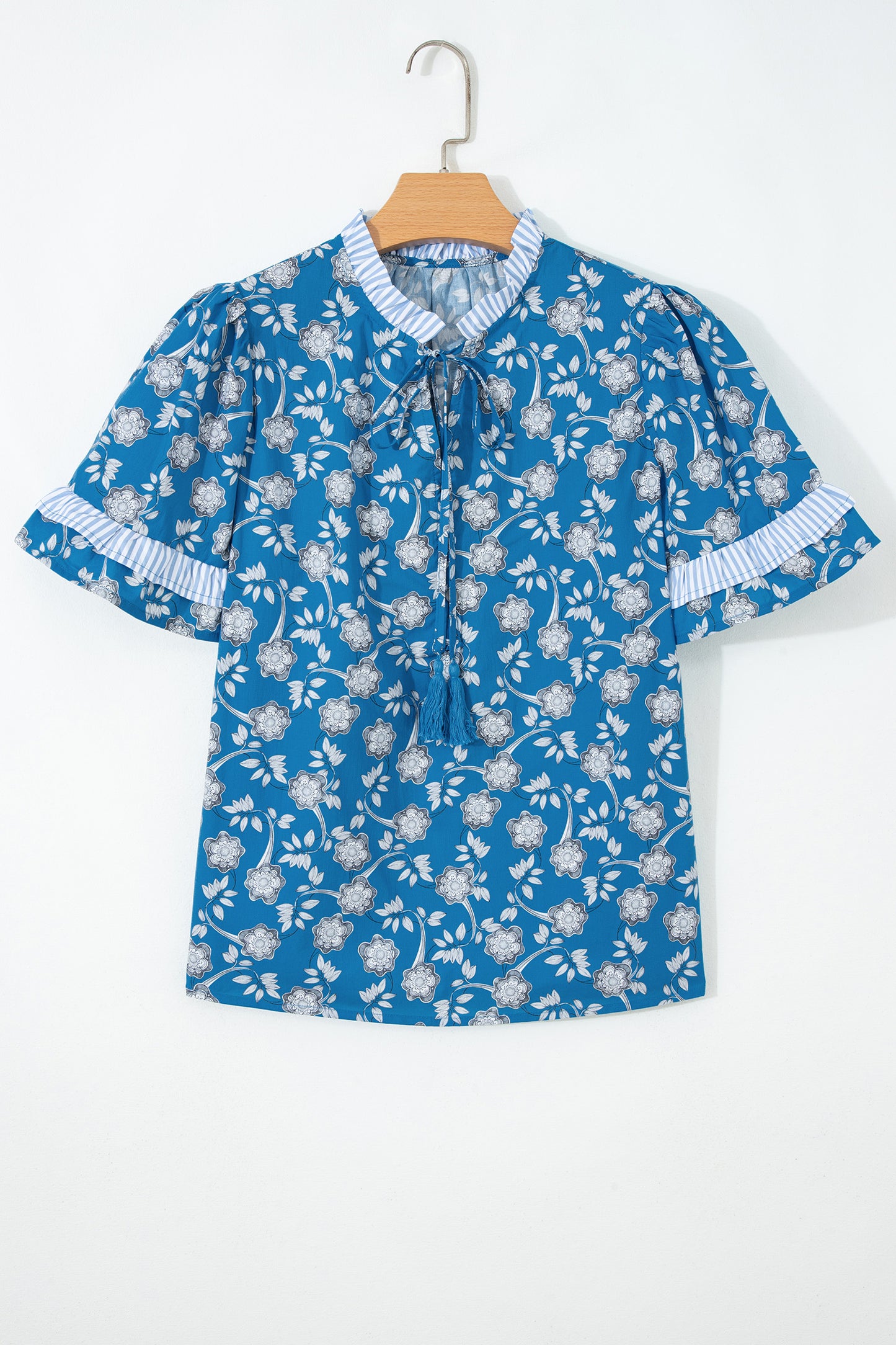Blue Floral Short Sleeve Blouse