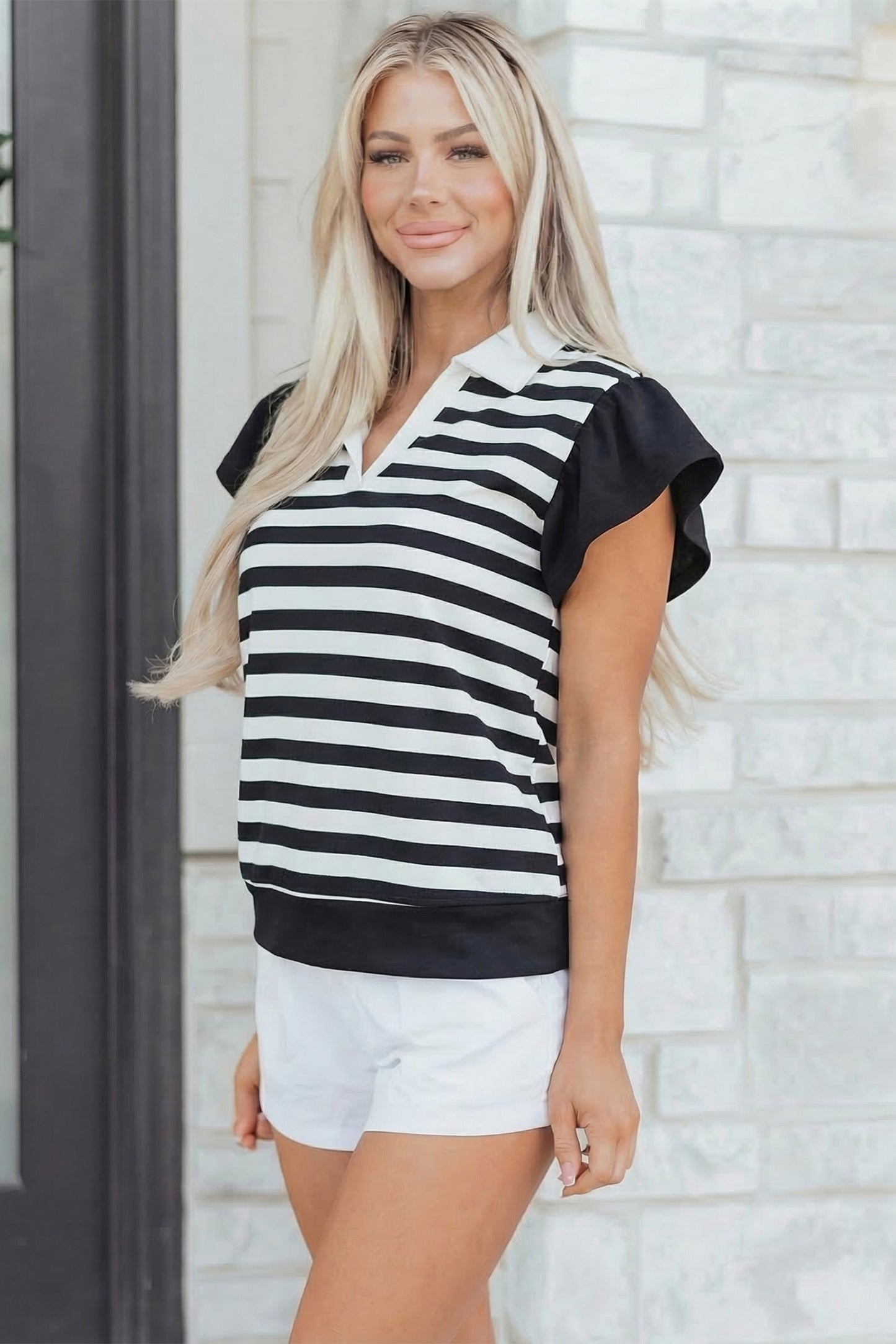 Striped Ruffled Sleeve Blouse