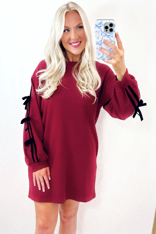 Red Sweatshirt Dress with Bow Sleeves