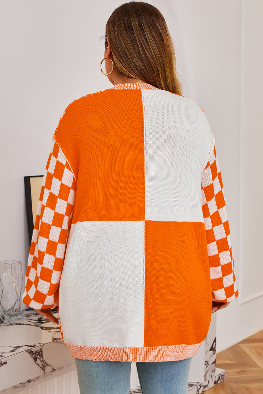 Orange Checkered Bubble Sleeve Plus Size Cardigan