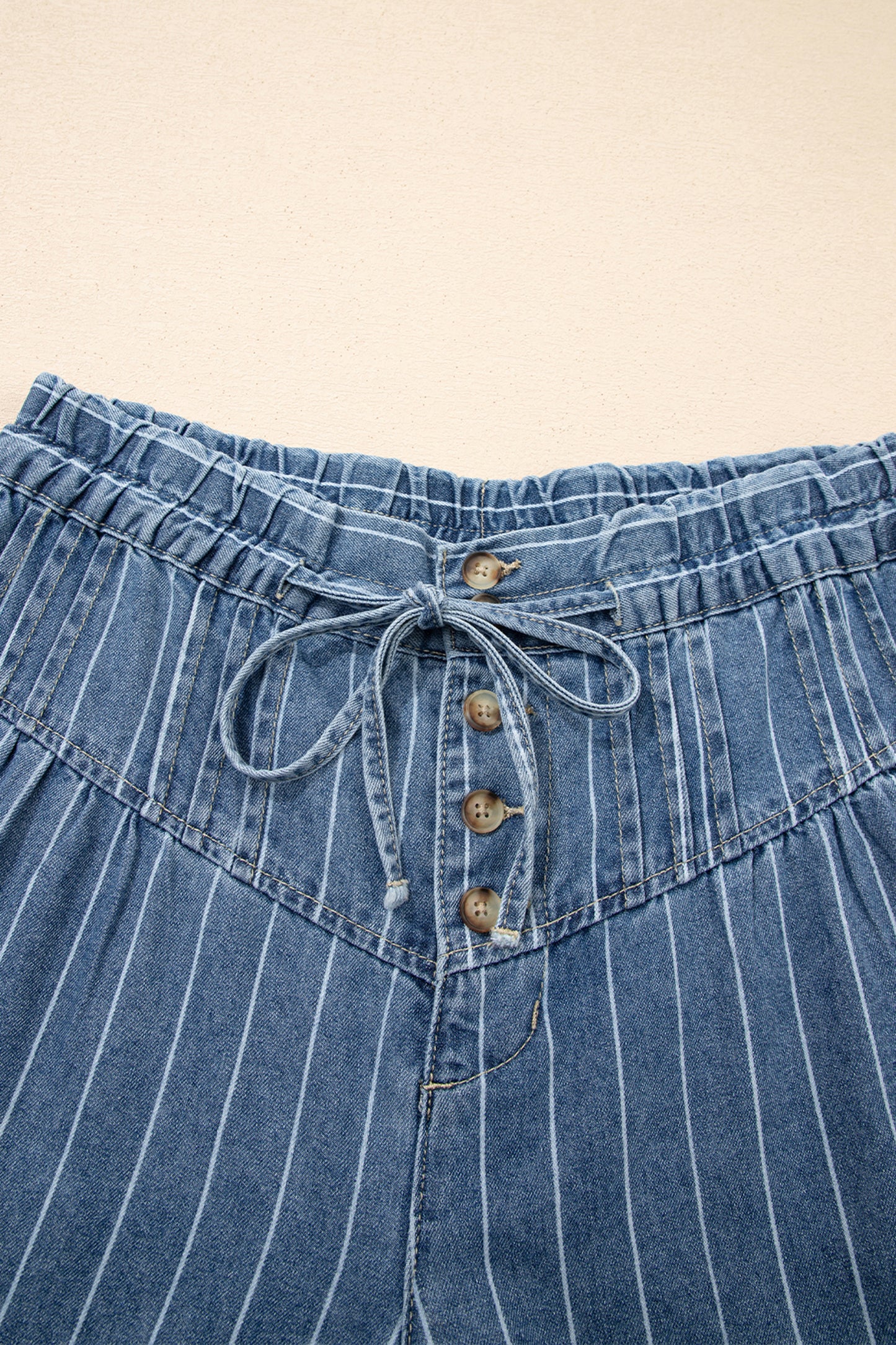 Blue Striped Pleated Wide Leg Jeans