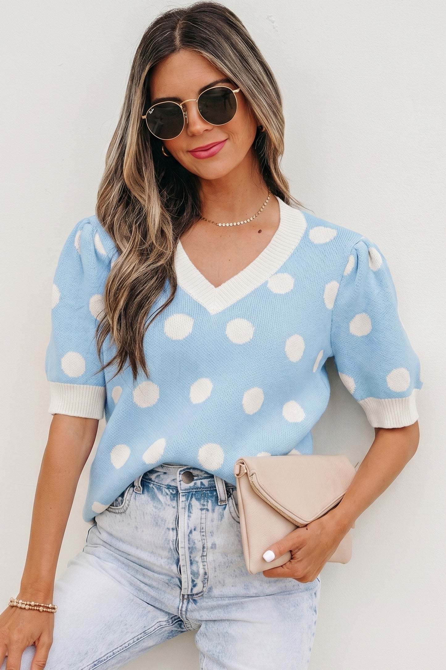 Polka Dot Puff Short Sleeve Sweater