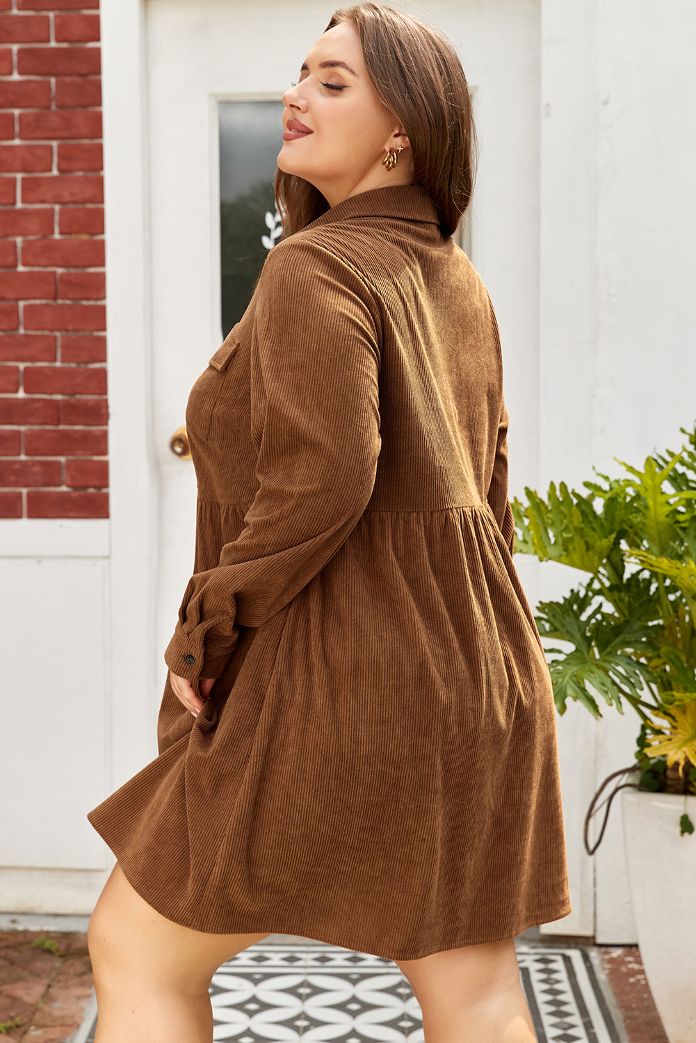 Camel Corduroy Plus Size Shirt Dress