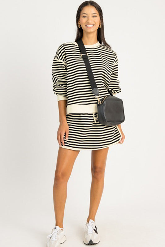 Black Striped Pullover Top & Drawstring Mini Skirt 2pc Set
