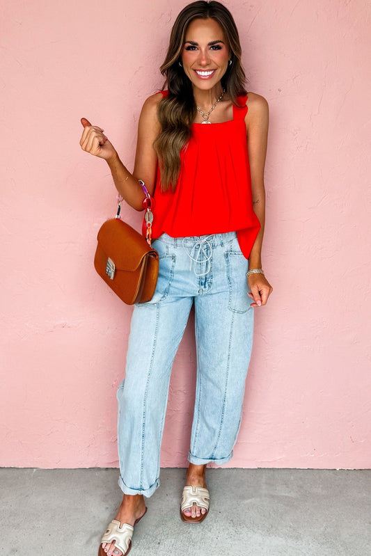 Exposed Stitch Denim Drawstring Barrel Jeans