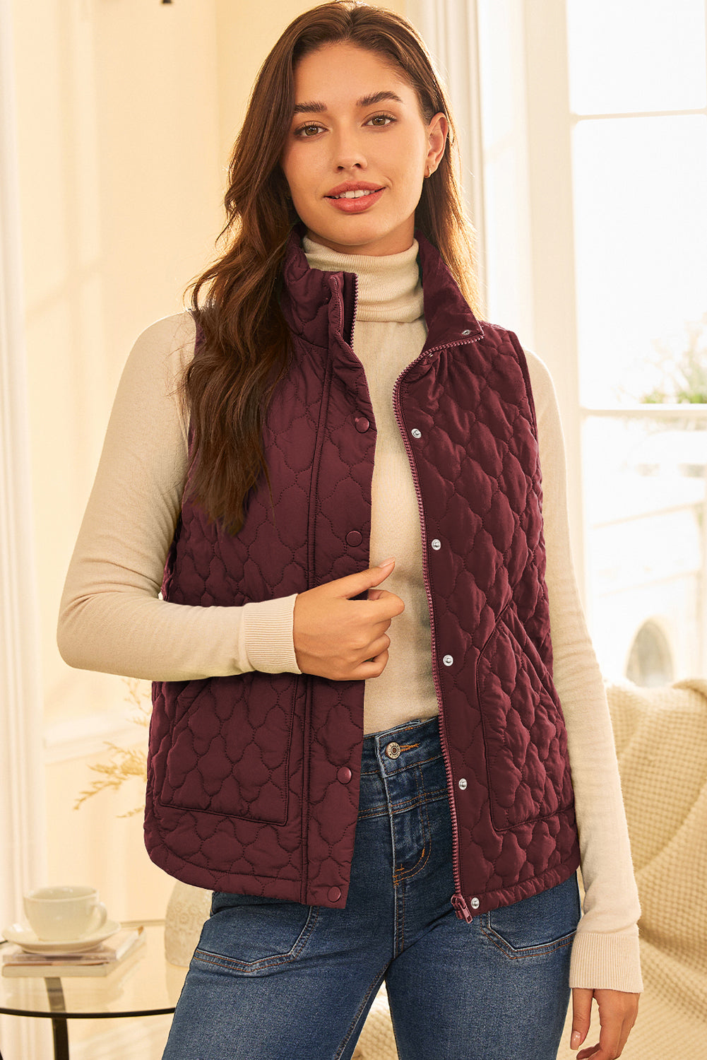 Flower Quilted Snap Button Vest in Ginger