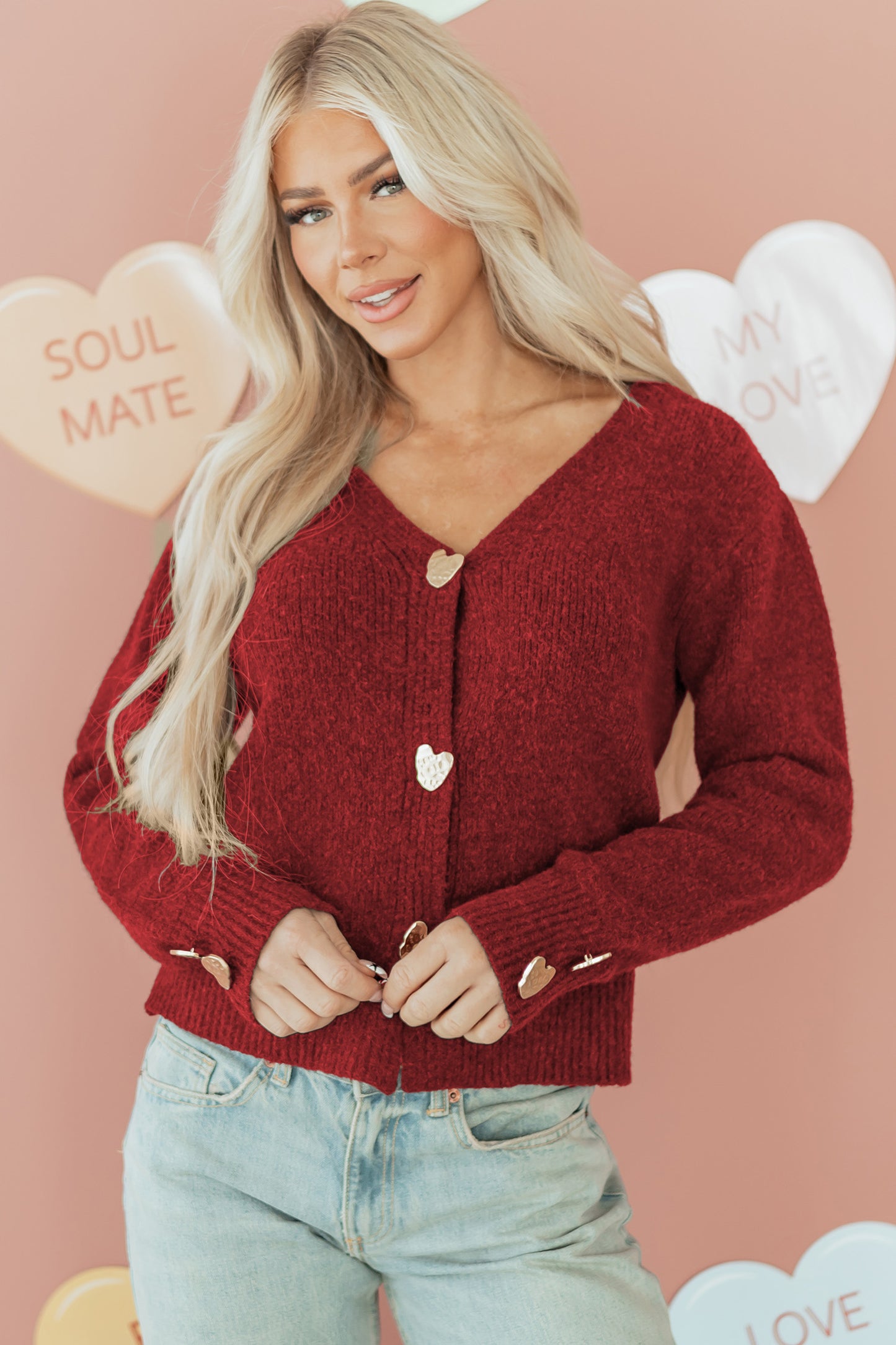 Fiery Red Heart Button Cardigan Sweater