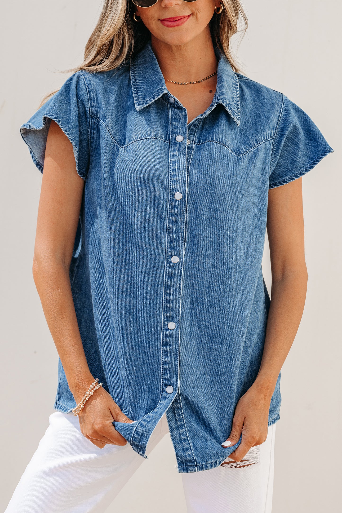 Ruffled Sleeve Denim Shirt