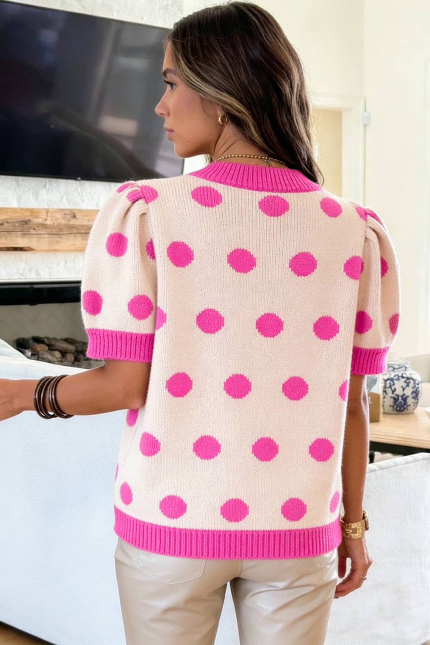 Polka Dot Puff Short Sleeve Sweater