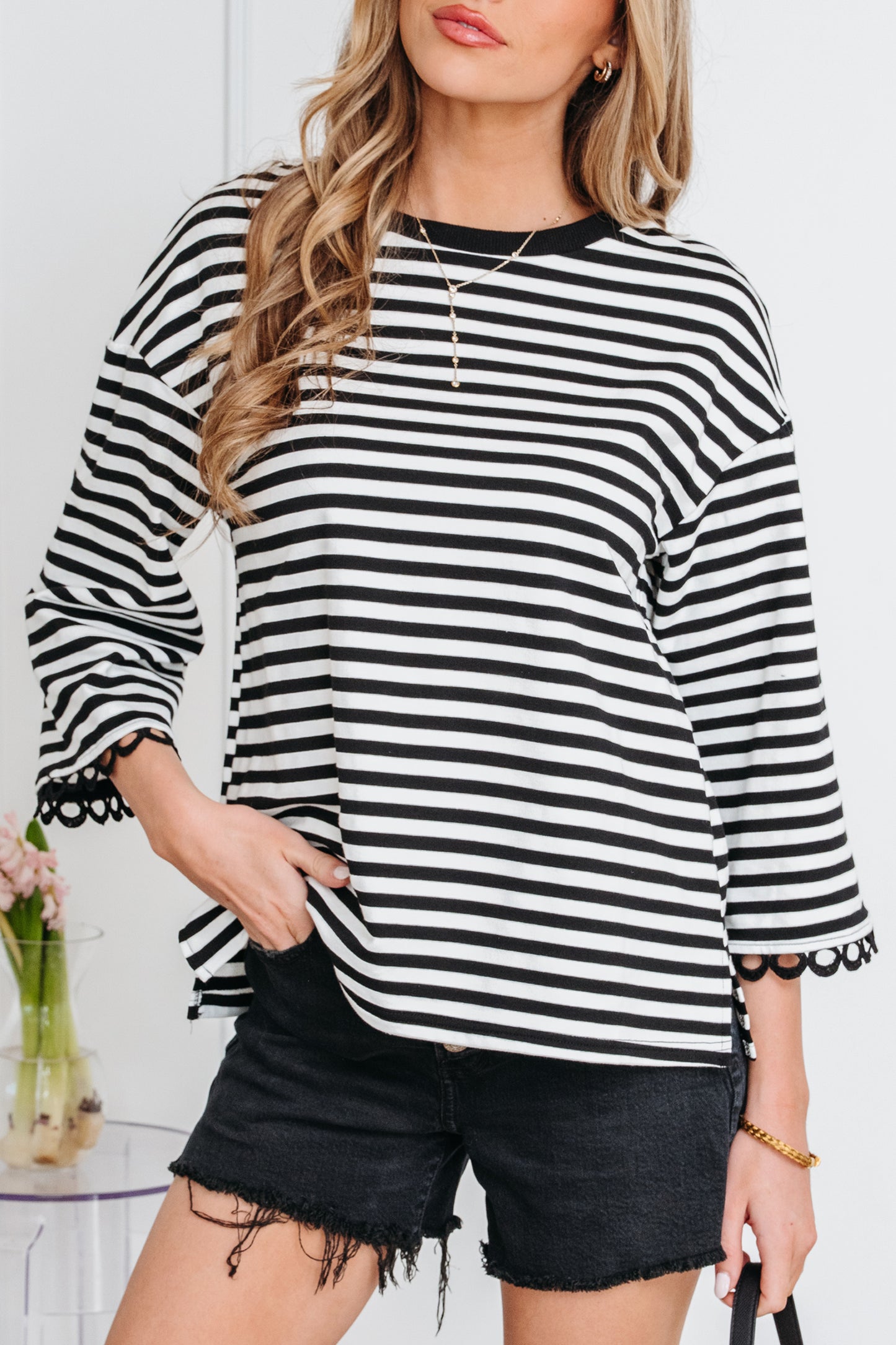 Black Striped Lace Trim Top