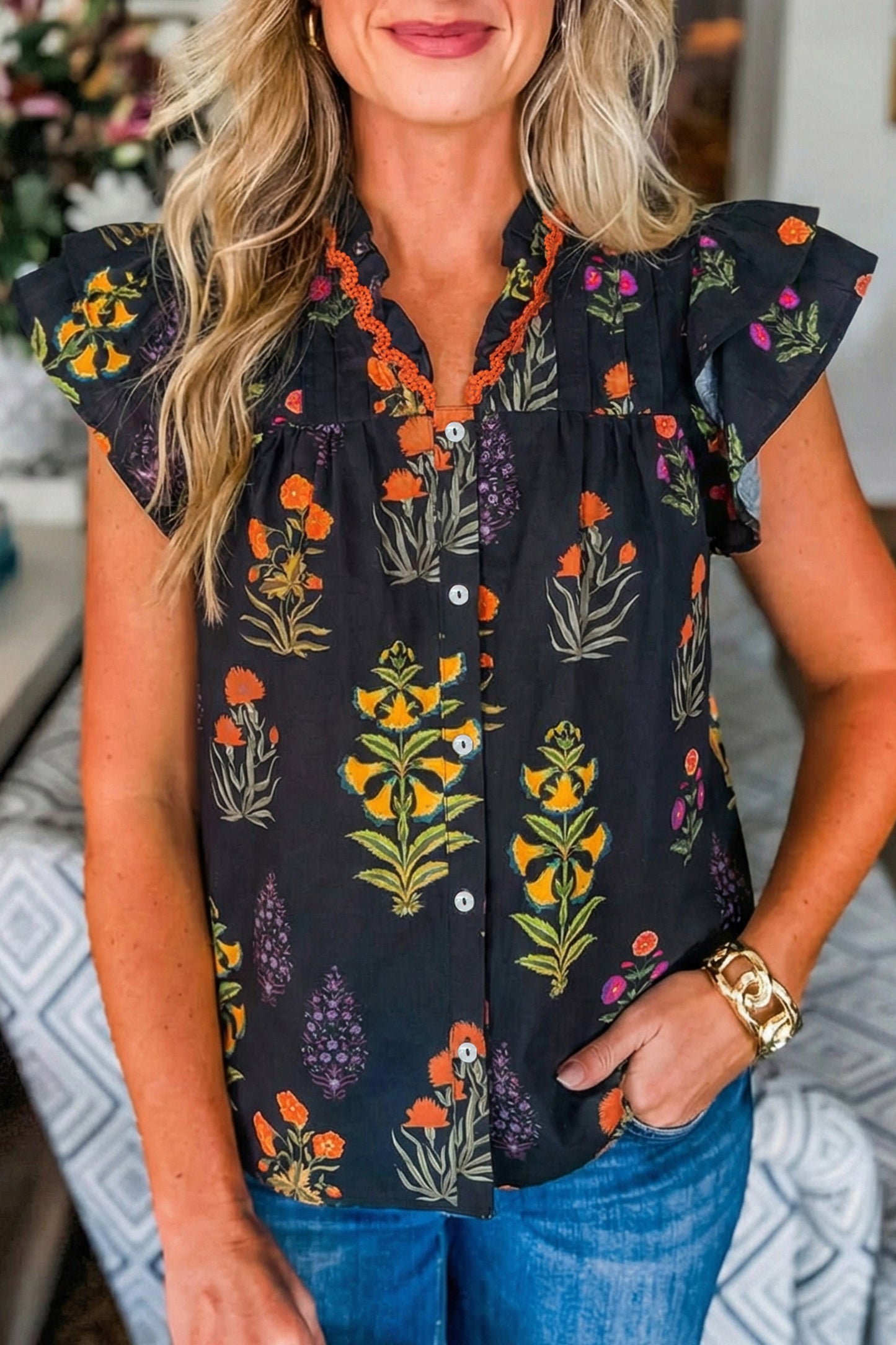 Black Floral Print V Neck Blouse