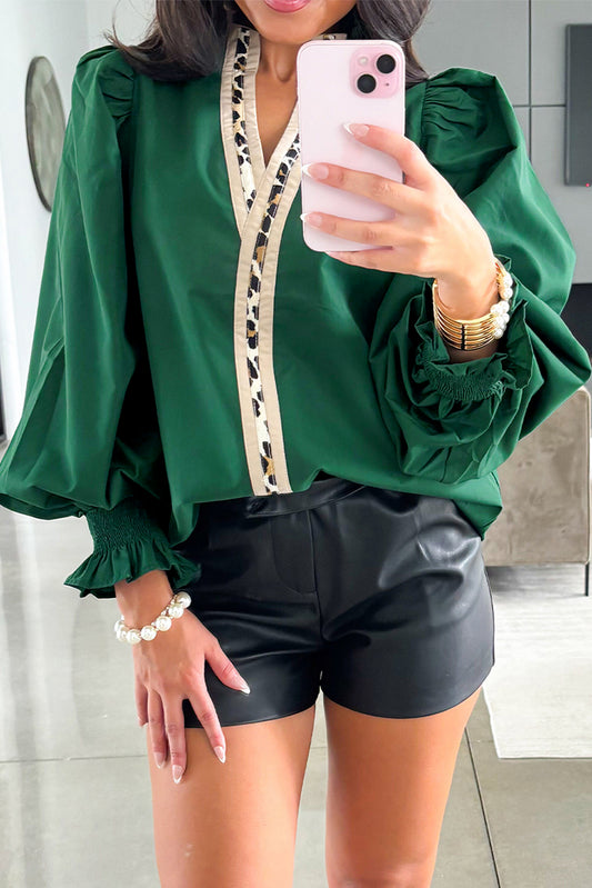 Evergreen Leopard Trim Blouse
