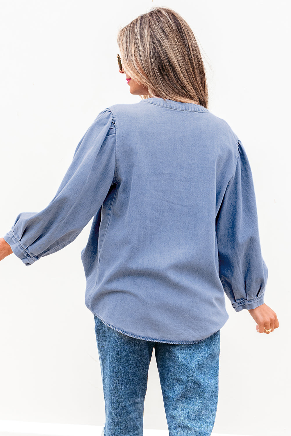 Denim Front Tie Puff Sleeve Top