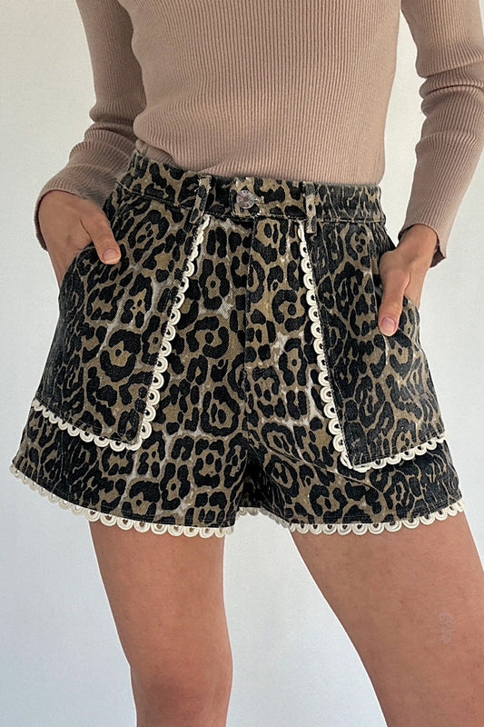 Scalloped Leopard Denim Shorts