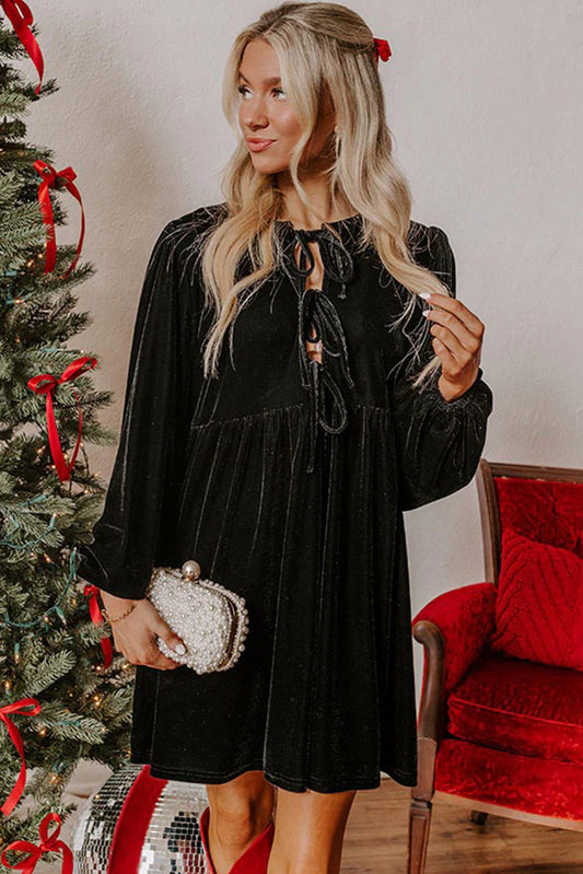 Black Velvet Bubble Sleeve Mini Dress