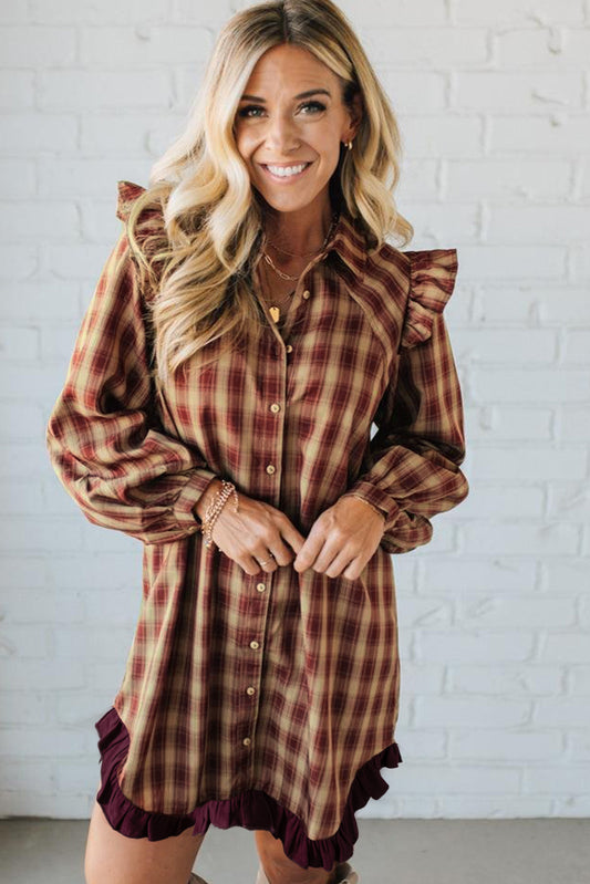 Red Plaid Ruffled Sleeve Mini Shirt Dress
