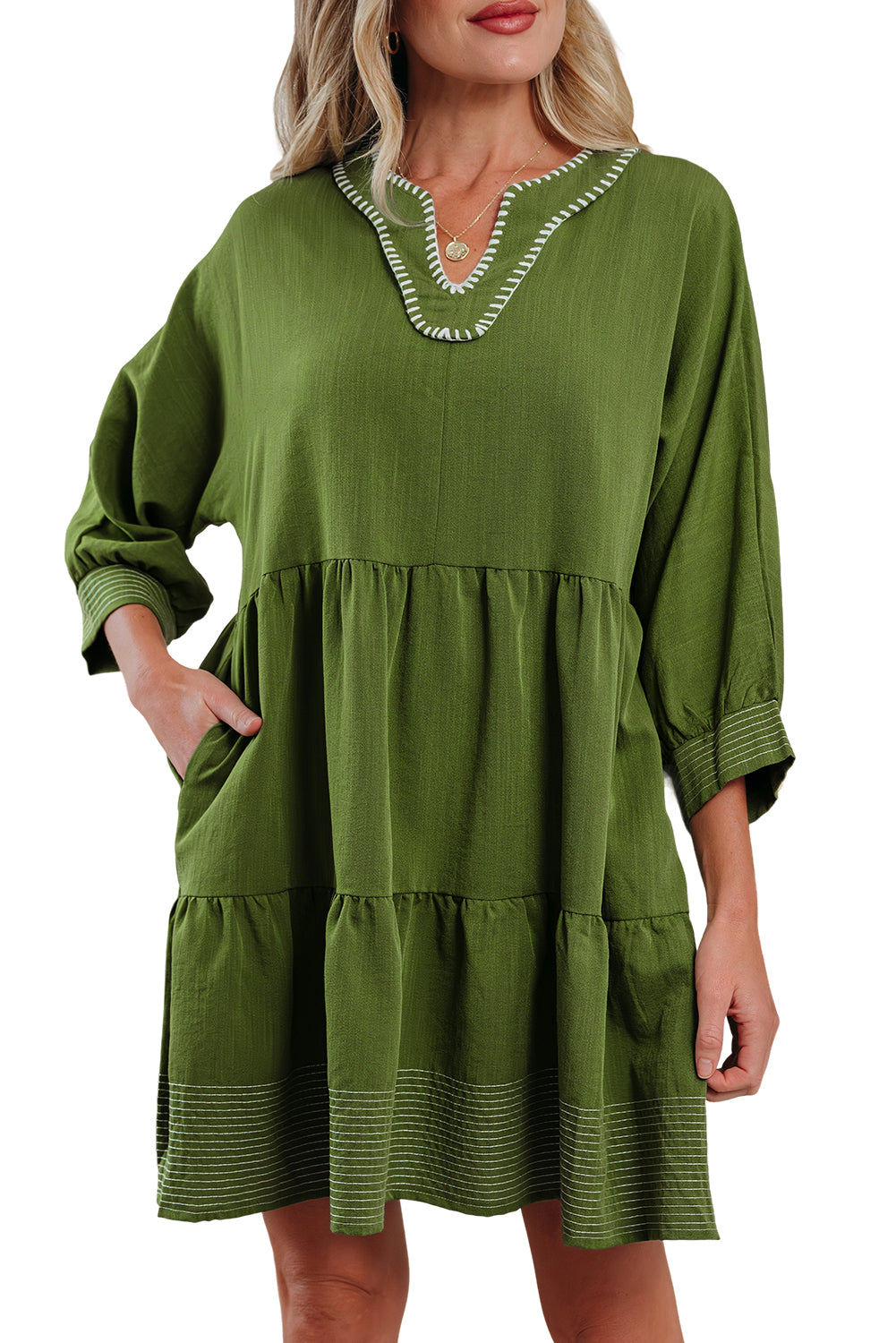 Olive Green Contrast Stitched Tiered Mini Dress