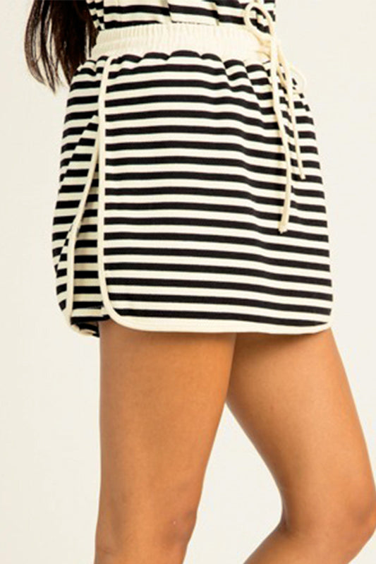 Black Striped Pullover Top & Drawstring Mini Skirt 2pc Set