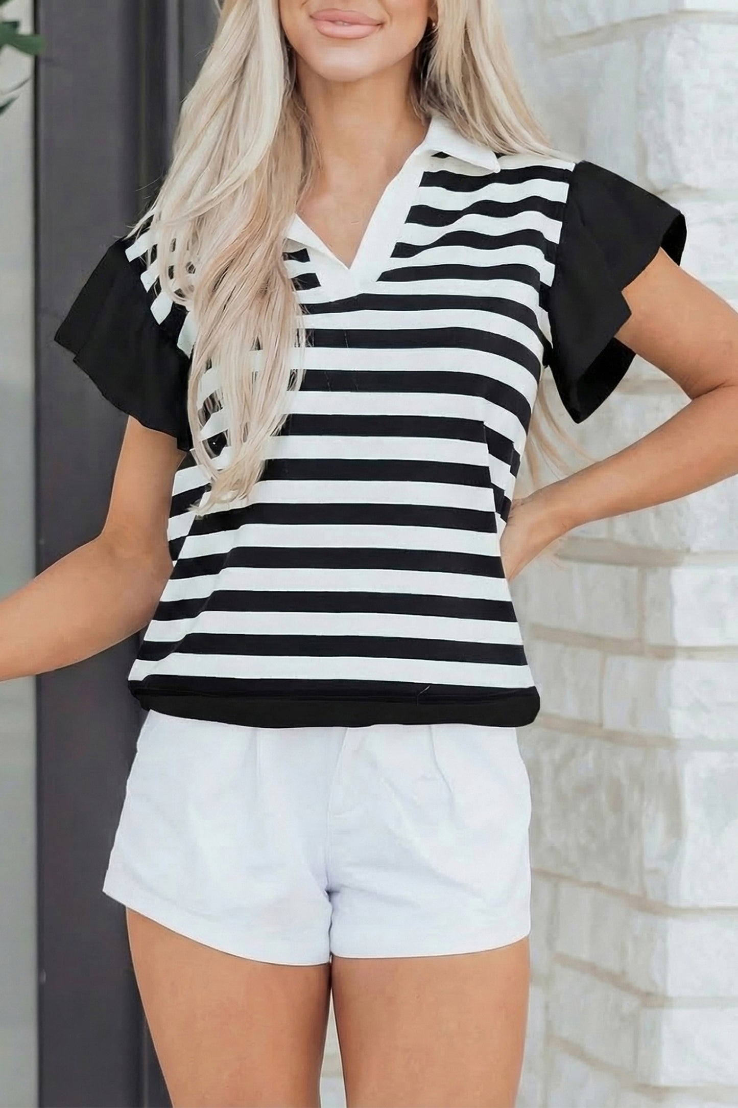 Striped Ruffled Sleeve Blouse