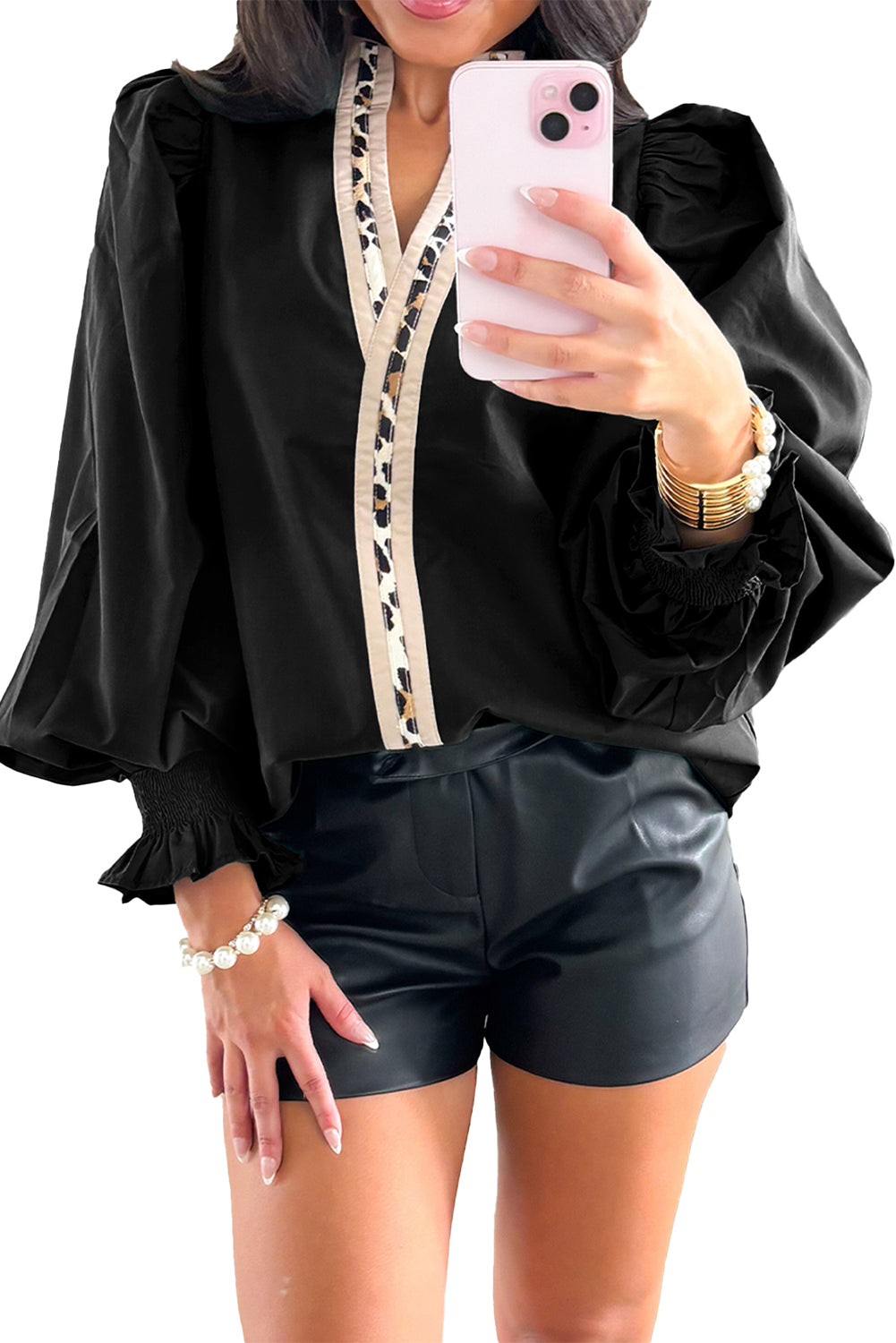 Black Leopard Trim Blouse